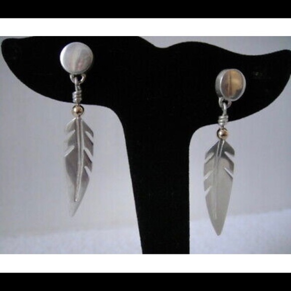 Ray Tracey • Sterling & 14k Eagle Feather Earrings - Picture 1 of 8